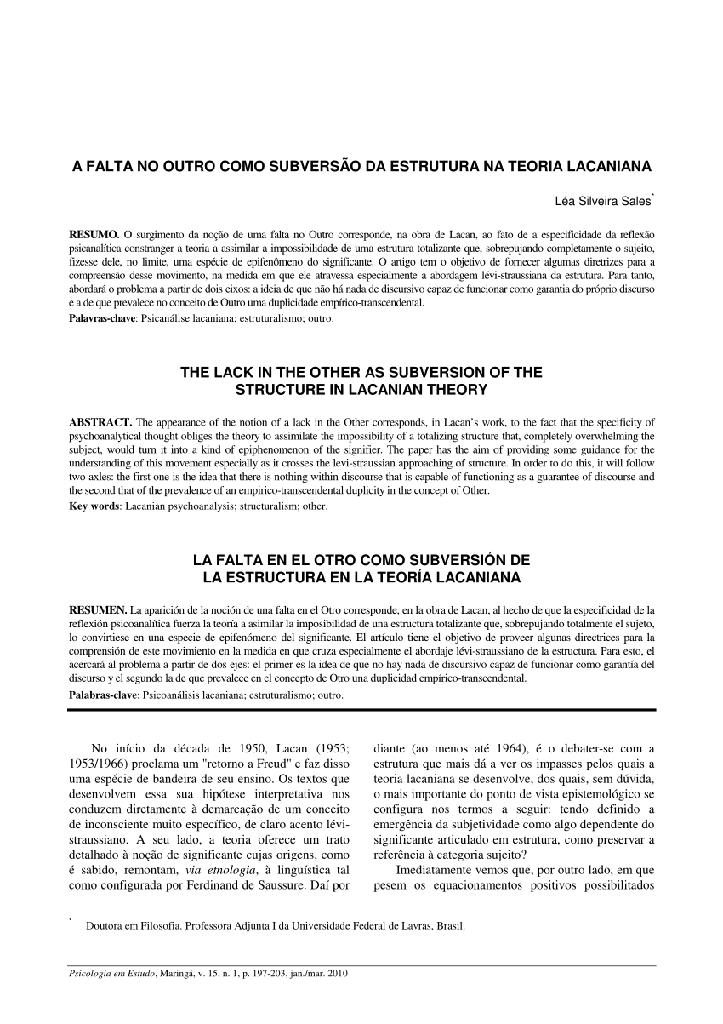 A falta no outro como subversão da estrutura na teoria lacaniana