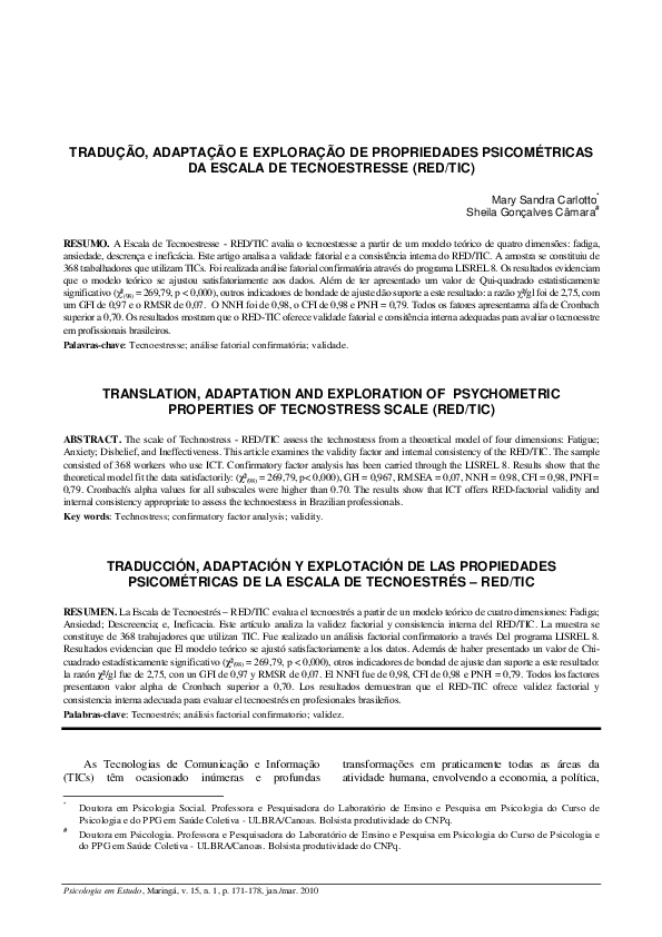 Tradução, adaptação e exploração de propriedades psicométricas da escala de tecnoestresse (RED/TIC)