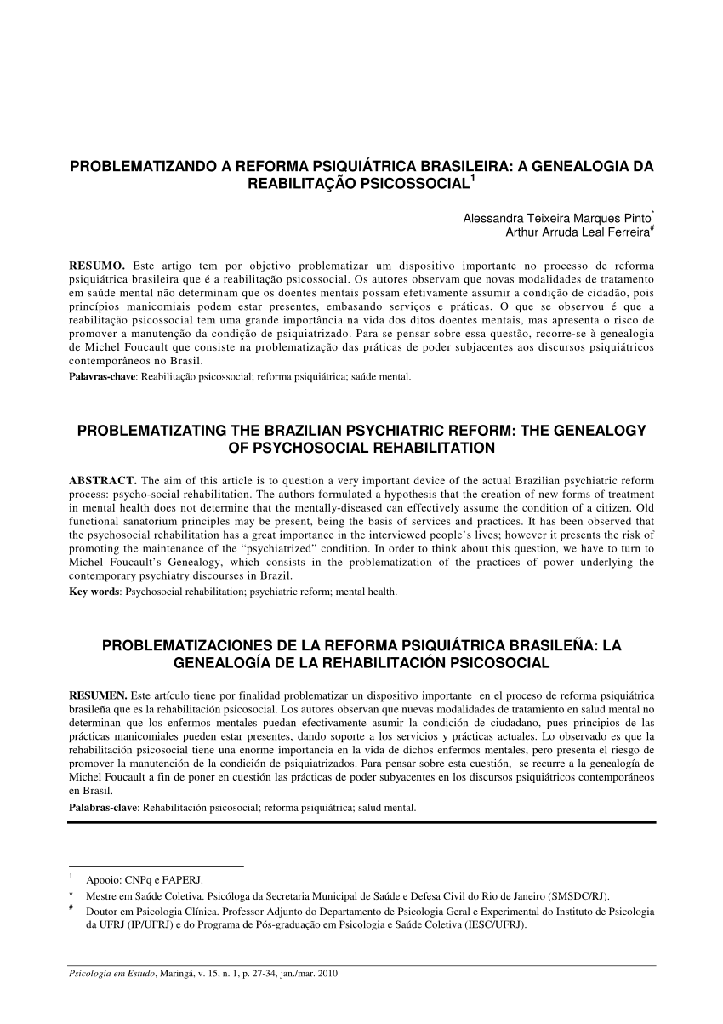 Problematizando a reforma psiquiátrica brasileira: a genealogia da reabilitação psicossocial