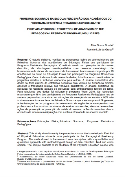 Primeiros socorros na escola: percepção dos acadêmicos do programa residência pedagógica/Unisul/Capes