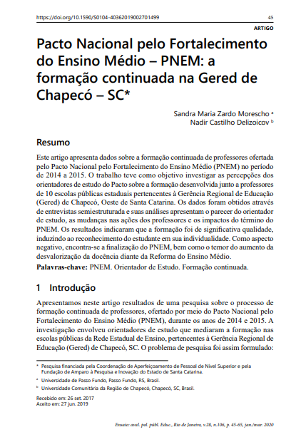 Pacto Nacional pelo Fortalecimento do Ensino Médio – PNEM: A formação continuada na Gered de Chapecó – SC