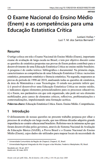 O Exame Nacional do Ensino Médio (Enem) e as competências para uma Educação Estatística Crítica