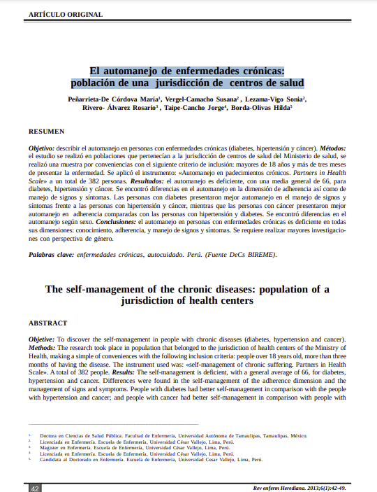 El automanejo de enfermedades crónicas: población de una jurisdicción de centros de salud
