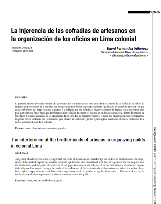 La injerencia de las cofradías de artesanos en la organización de los oficios en Lima colonial