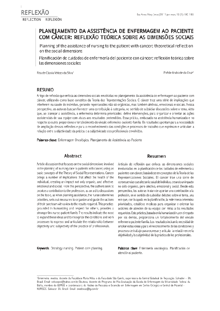 Planejamento da assistência de enfermagem ao paciente com câncer: reflexão teórica sobre as dimensões sociais