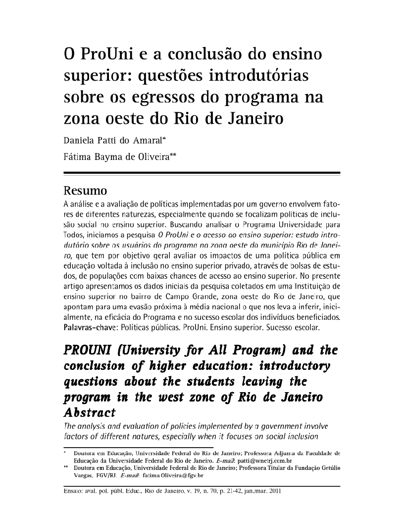 O ProUni e a conclusão do ensino superior: questões introdutórias sobre os egressos do programa na zona oeste do Rio de Janeiro