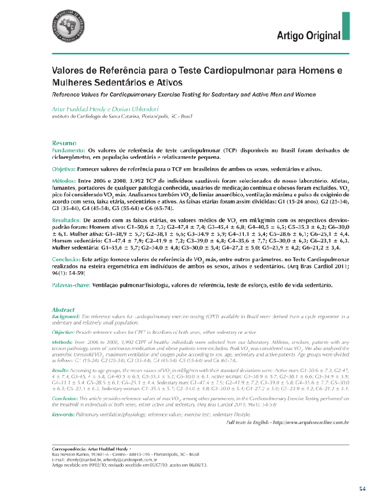 Valores de referência para o teste cardiopulmonar para homens e mulheres sedentários e ativos