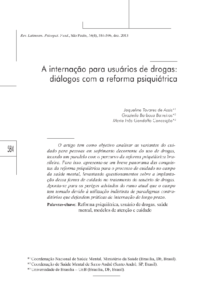 A internação para usuários de drogas: diálogos com a reforma psiquiátrica