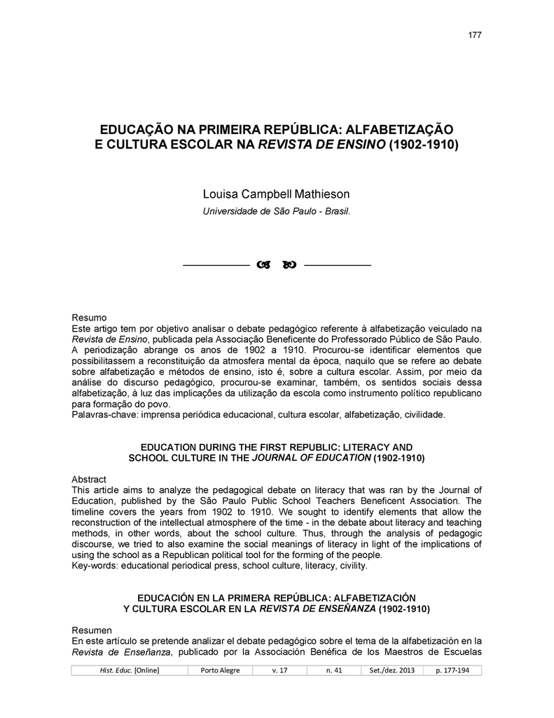 Educação na Primeira República: alfabetização e cultura escolar na Revista de Ensino (1902-1910)