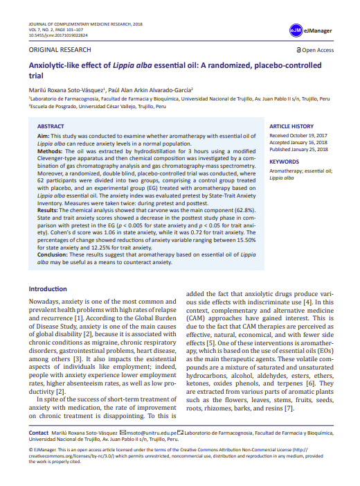 Anxiolytic-like effect of Lippia alba essential oil: A randomized, placebo-controlled trial