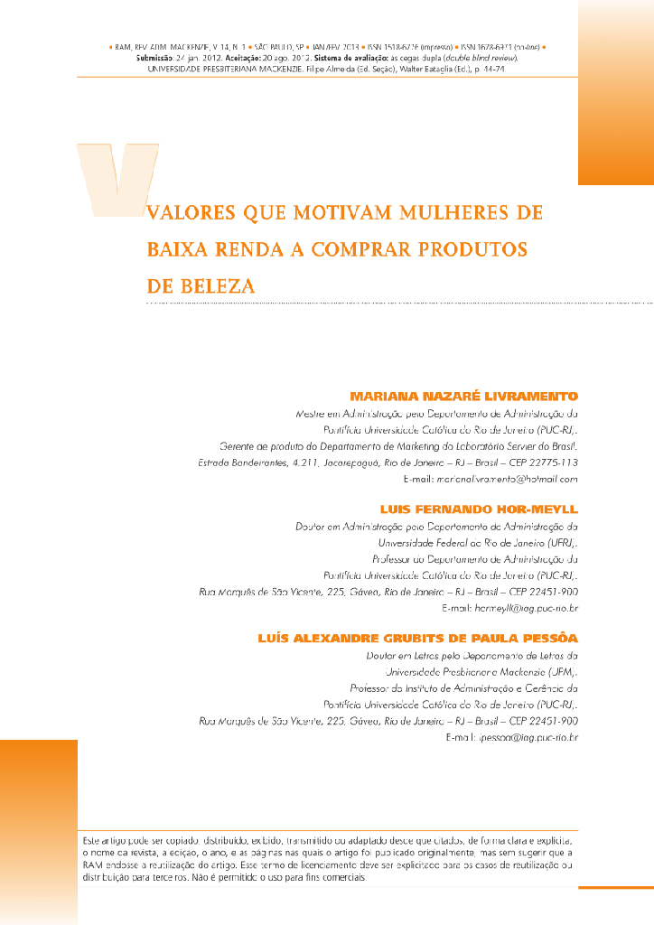 Valores que motivam mulheres de baixa renda a comprar produtos de beleza