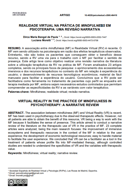 REALIDADE VIRTUAL NA PRÁTICA DE MINDFULNESS EM PSICOTERAPIA: UMA REVISÃO NARRATIVA