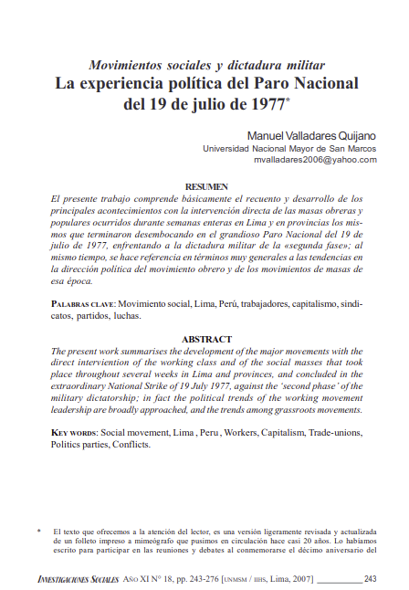 La Experiencia politica del Paro Nacional del 19 de julio de 1977