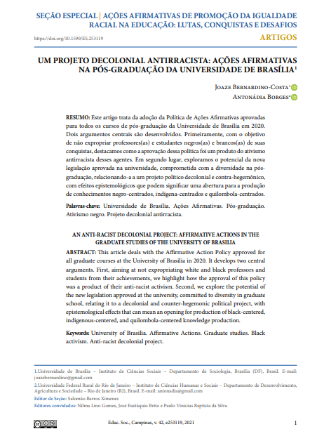 UM PROJETO DECOLONIAL ANTIRRACISTA: AÇÕES AFIRMATIVAS NA PÓS-GRADUAÇÃO DA UNIVERSIDADE DE BRASÍLIA