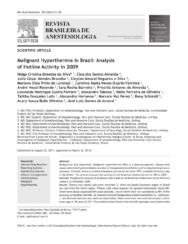 Hipertermia maligna no Brasil: análise da atividade do hotline em 2009