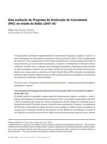 Uma avaliação do Programa de Aceleração do Crescimento (PAC) no estado da Bahia (2007-10)