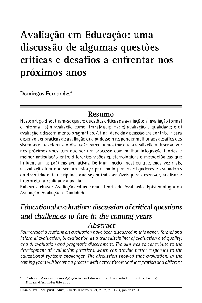 Avaliação em Educação: uma discussão de algumas questões críticas e desafios a enfrentar nos próximos anos