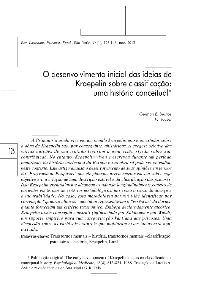 O desenvolvimento inicial das ideias de Kraepelin sobre classificação: uma história conceitual