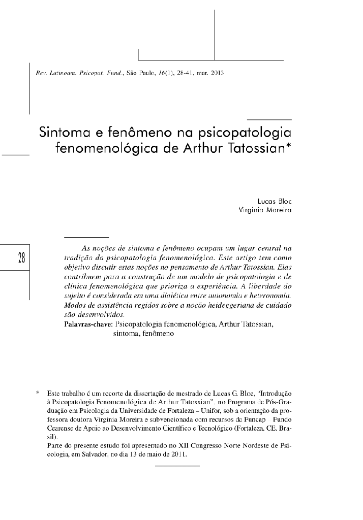 Sintoma e fenômeno na psicopatologia fenomenológica de Arthur Tatossian