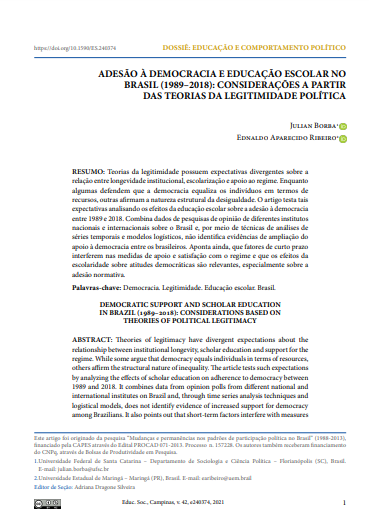 ADESÃO À DEMOCRACIA E EDUCAÇÃO ESCOLAR NO BRASIL (1989–2018): CONSIDERAÇÕES A PARTIR DAS TEORIAS DA LEGITIMIDADE POLÍTICA