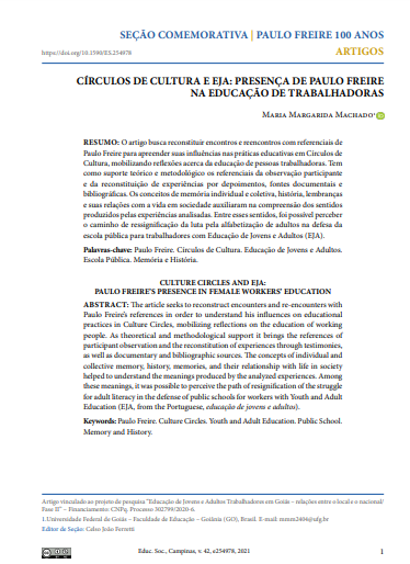 CÍRCULOS DE CULTURA E EJA: PRESENÇA DE PAULO FREIRE NA EDUCAÇÃO DE TRABALHADORAS