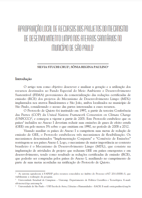 Apropriação local de recursos dos projetos do mecanismo de desenvolvimento limpo nos aterros sanitários no município de São Paulo