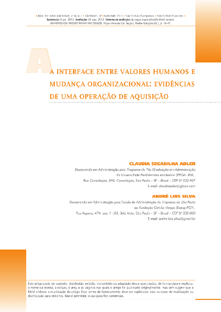 A interface entre valores humanos e mudança organizacional: evidências de uma operação de aquisição