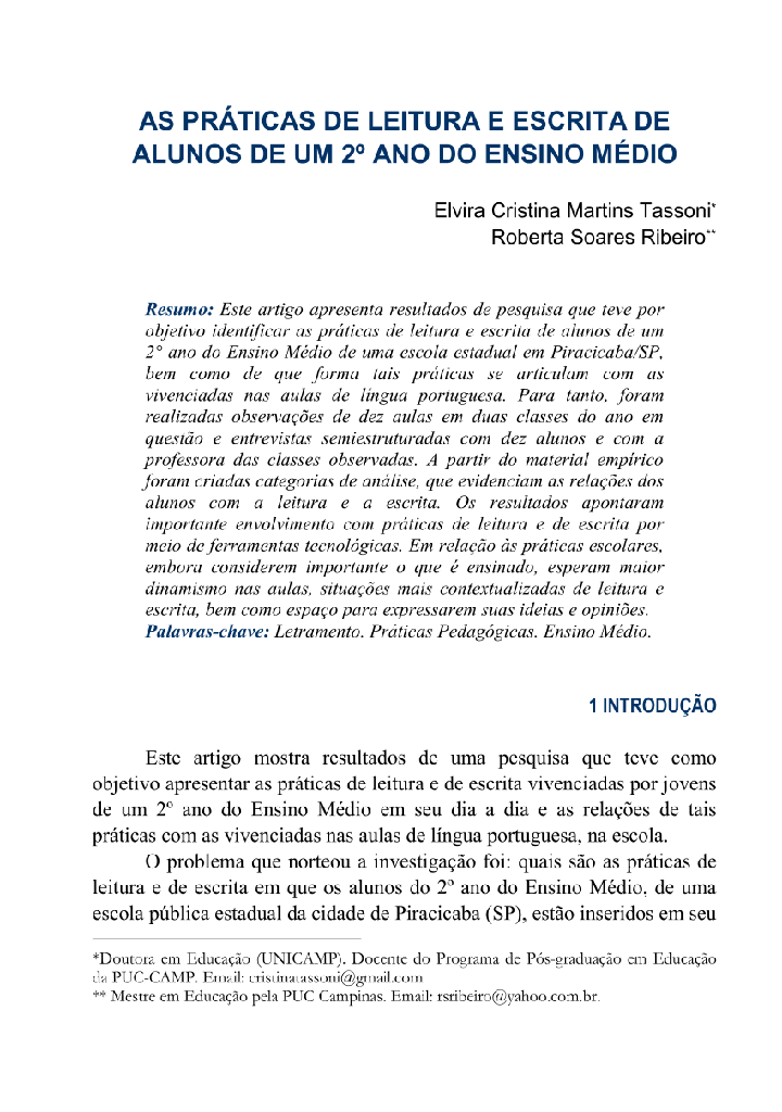 As práticas de leitura e escrita de alunos de um 2º ano do ensino médio