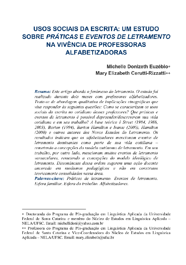 Usos sociais da escrita: um estudo sobre práticas e eventos de letramento na vivência de professoras alfabetizadoras