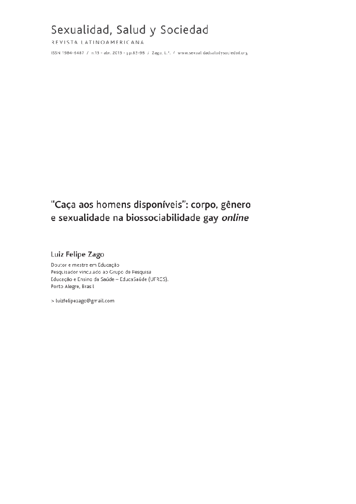 Caça aos homens disponíveis: corpo, gênero e sexualidade na biossociabilidade gay online
