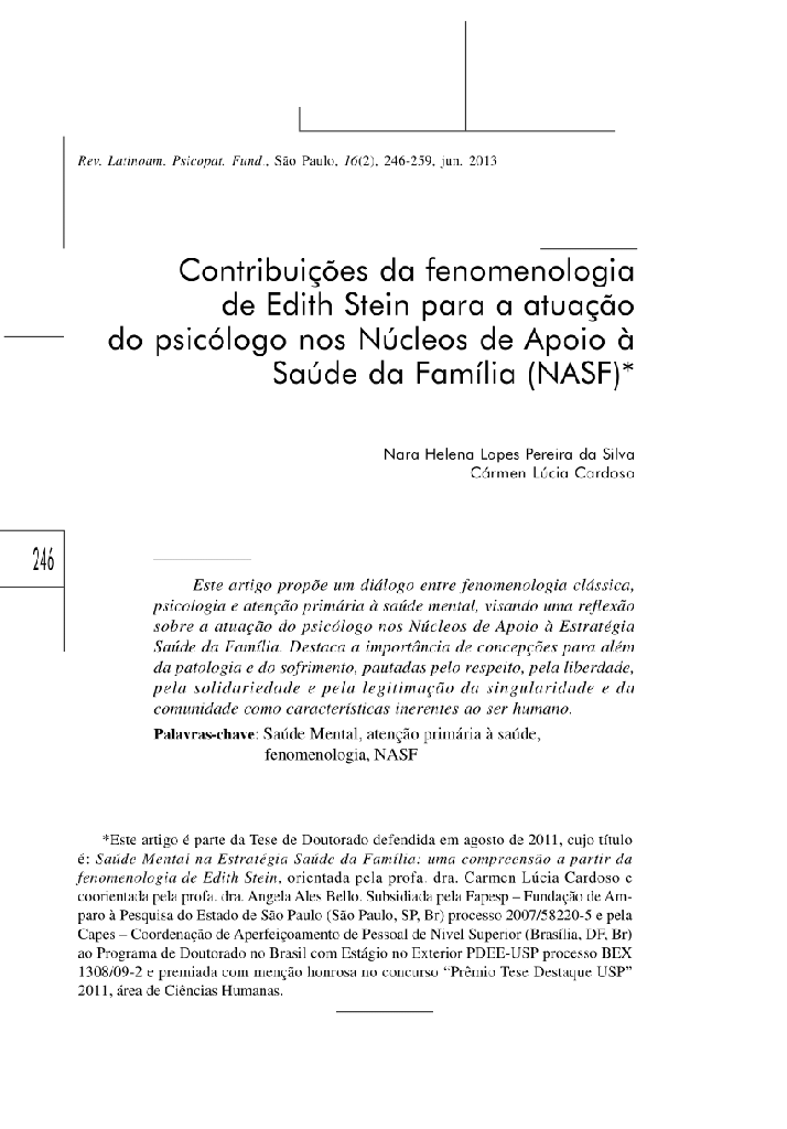Contribuições da fenomenologia de Edith Stein para a atuação do psicólogo nos Núcleos de Apoio à Saúde da Família (NASF)