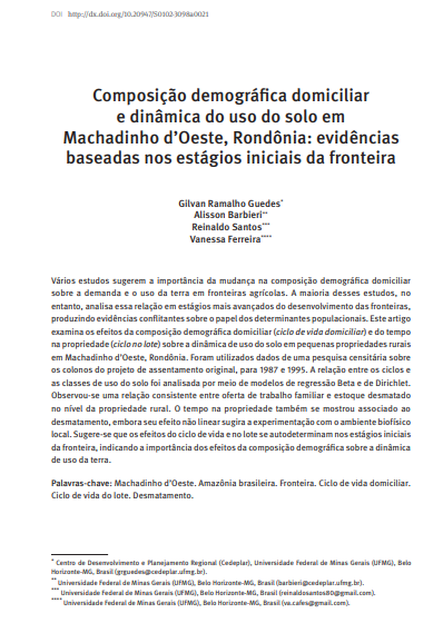 Composição demográfica domiciliar e dinâmica do uso do solo em Machadinho d’Oeste, Rondônia: evidências baseadas nos estágios iniciais da fronteira