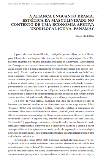 A aliança enquanto drama: est/ética da masculinidade no contexto de uma economia afetiva uxorilocal (Guna, Panamá)