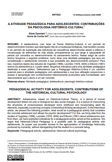 A ATIVIDADE PEDAGÓGICA PARA ADOLESCENTES: CONTRIBUIÇÕES DA PSICOLOGIA HISTÓRICO-CULTURAL