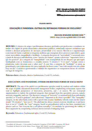 EDUCAÇÃO E PANDEMIA: OUTRAS OU REFINADAS FORMAS DE EXCLUSÃO