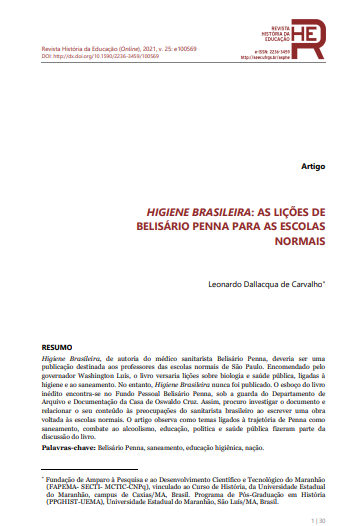 HIGIENE BRASILEIRA: AS LIÇÕES DE BELISÁRIO PENNA PARA AS ESCOLAS NORMAIS