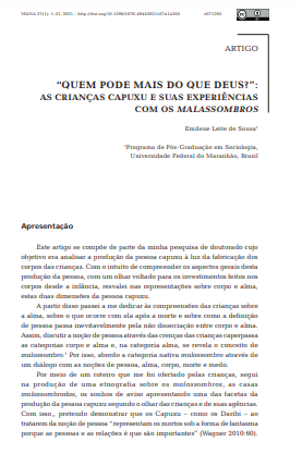 “Quem pode mais do que Deus?”: As crianças capuxu e suas experiências com os malassombros