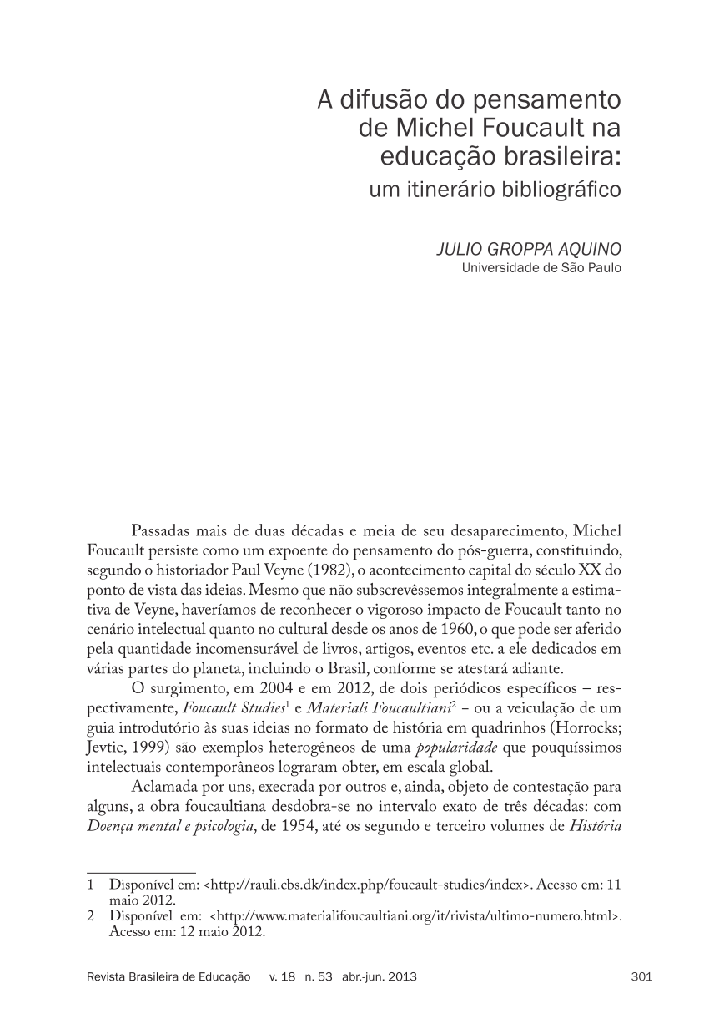 A difusão do pensamento de Michel Foucault na educação brasileira: um itinerário bibliográfico