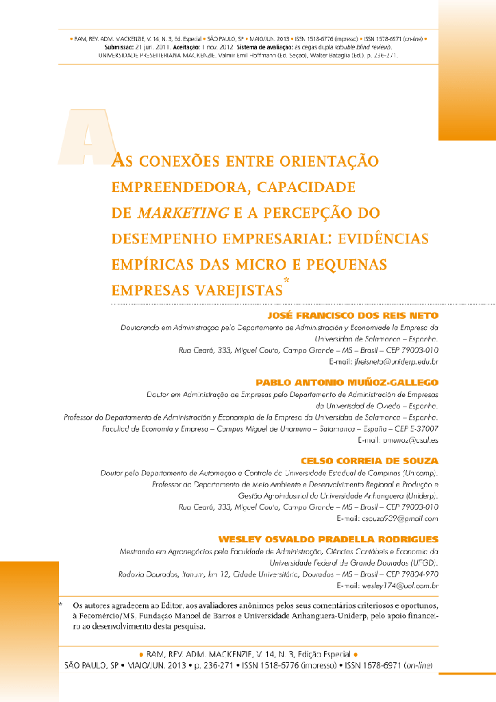 As conexões entre orientação empreendedora, capacidade de marketing e a percepção do desempenho empresarial: evidências empíricas das micro e pequenas empresas varejistas