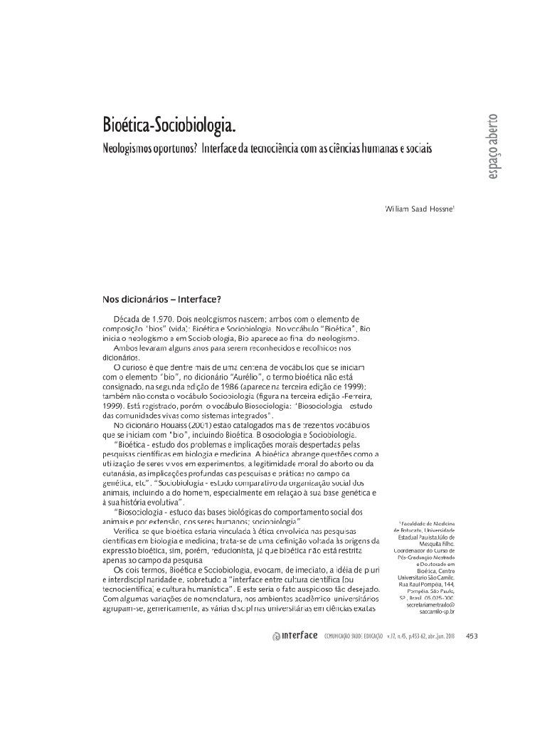 Bioética-sociobiologia: Neologismos oportunos? interface da tecnociência com as ciências humanas e sociais