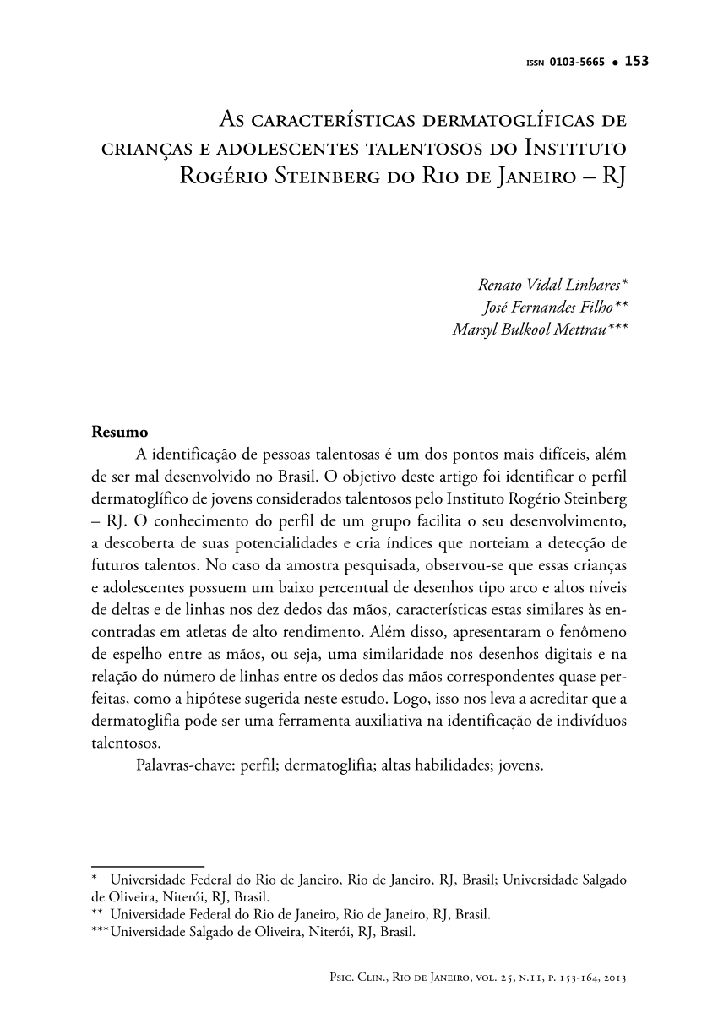 As características dermatoglíficas de crianças e adolescentes talentosos do Instituto Rogério Steinberg do Rio de Janeiro - RJ