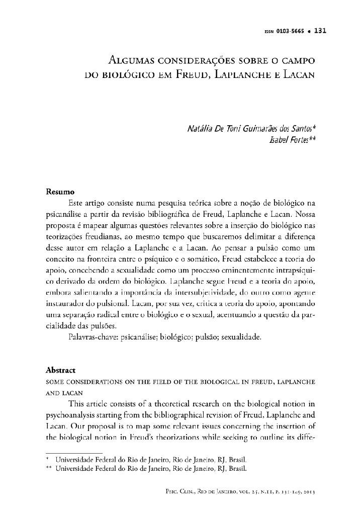 Algumas considerações sobre o campo do biológico em Freud, Laplanche e Lacan