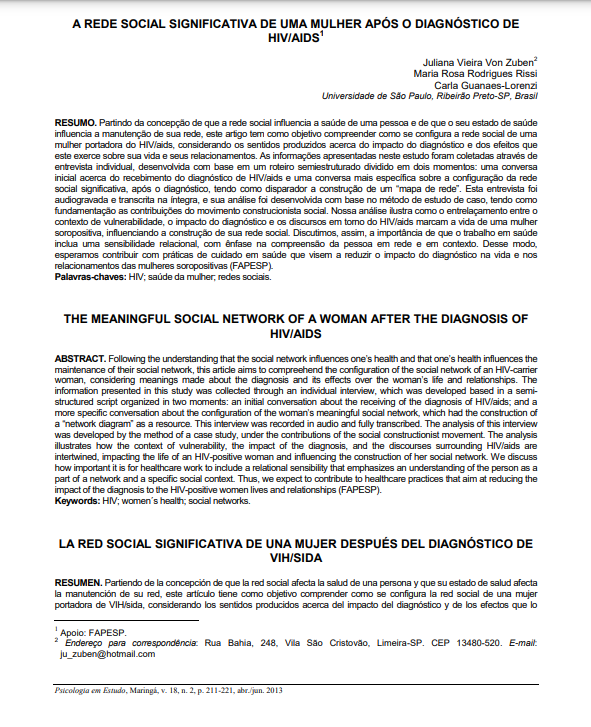 A rede social significativa de uma mulher após o diagnóstico de HIV/AIDS