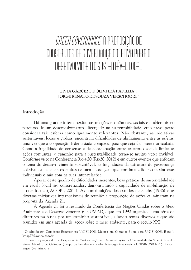 Green Governance: a proposição de construtos de governança coletiva para o desenvolvimento sustentável local