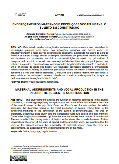 ENDEREÇAMENTOS MATERNOS E PRODUÇÕES VOCAIS INFANS: O SUJEITO EM CONSTITUIÇÃO