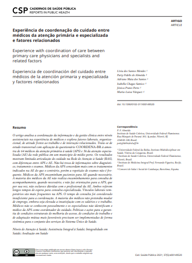 Experiência de coordenação do cuidado entre médicos da atenção primária e especializada e fatores relacionados