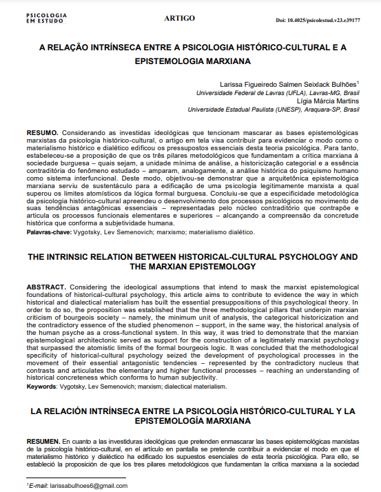 A RELAÇÃO INTRÍNSECA ENTRE A PSICOLOGIA HISTÓRICO-CULTURAL E A EPISTEMOLOGIA MARXIANA