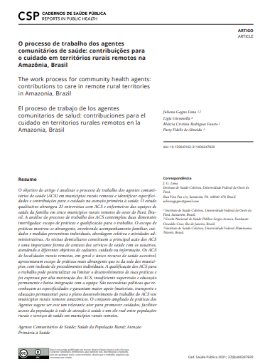 O processo de trabalho dos agentes comunitários de saúde: contribuições para o cuidado em territórios rurais remotos na Amazônia, Brasil