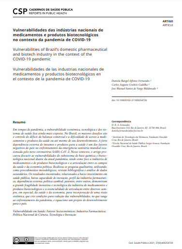Vulnerabilidades das indústrias nacionais de medicamentos e produtos biotecnológicos no contexto da pandemia de COVID-19
