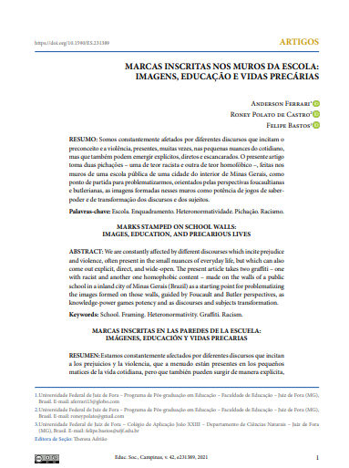 MARCAS INSCRITAS NOS MUROS DA ESCOLA: IMAGENS, EDUCAÇÃO E VIDAS PRECÁRIAS